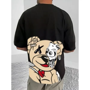 Men's Casual Cotton Blend Printed Round Neck Half Sleeve T-Shirt (Black)