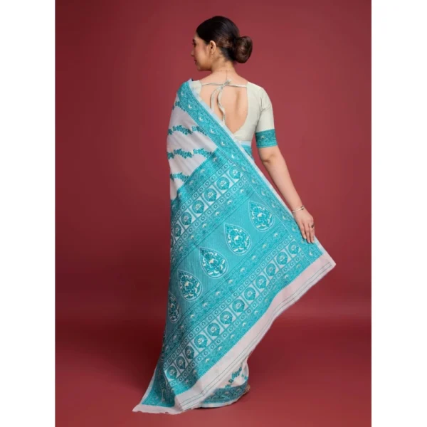 Women's Jamdani Cotton Silk Printed Saree With Unstitched Blouse 5.5Mtr (Rama) - Image 4
