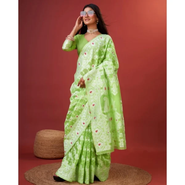 Women's Cotton Silk Printed Saree With Unstitched Blouse 5.5Mtr (Light Green) - Image 2