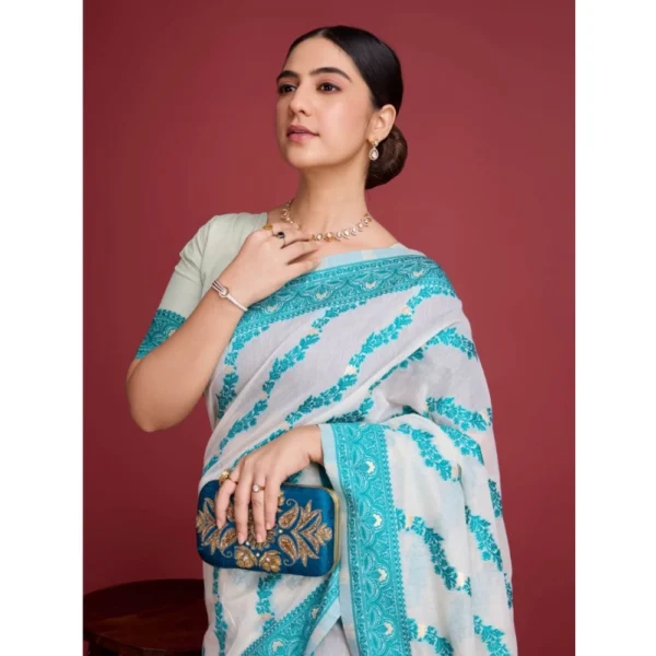 Women's Jamdani Cotton Silk Printed Saree With Unstitched Blouse 5.5Mtr (Rama) - Image 2