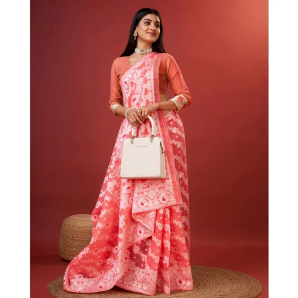 Women's Cotton Silk Printed Saree With Unstitched Blouse 5.5Mtr (Peach) - Image 2