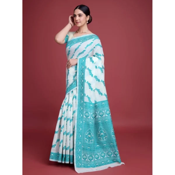 Women's Jamdani Cotton Silk Printed Saree With Unstitched Blouse 5.5Mtr (Rama) - Image 3