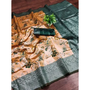 Women's Banarasi Jacquard Printed Saree With Unstitched Blouse 5.5Mtr (Orange)