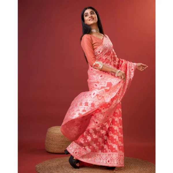 Women's Cotton Silk Printed Saree With Unstitched Blouse 5.5Mtr (Peach) - Image 3