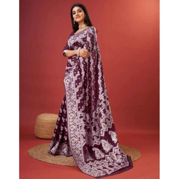 Women's Cotton Silk Printed Saree With Unstitched Blouse 5.5Mtr (Purple) - Image 3