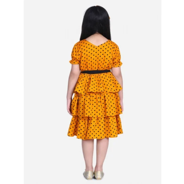 Girl's Polyester Crepe Printed Puff V-Neck Dress (Orange) - Image 3