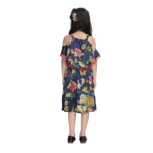 Girl's Satin Floral Printed Cold Shoulder Round Neck Dress (Navy Blue) - Image 3