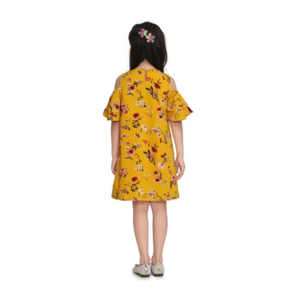 Girl's Polyester Crepe Floral Printed Long Sleeve Round Neck Dress (Yellow) - Image 3