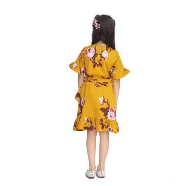 Girl's Polyester Crepe Floral Printed Cold Shoulder Round Neck Dress (Mustard) - Image 2