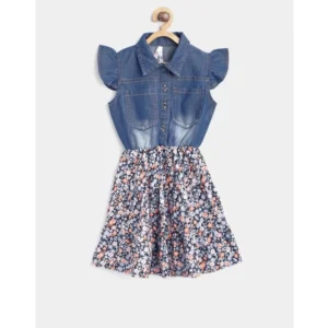 Girl's Denim-Cotton Striped Flutter Shirt Collar Dress (Multicolor)