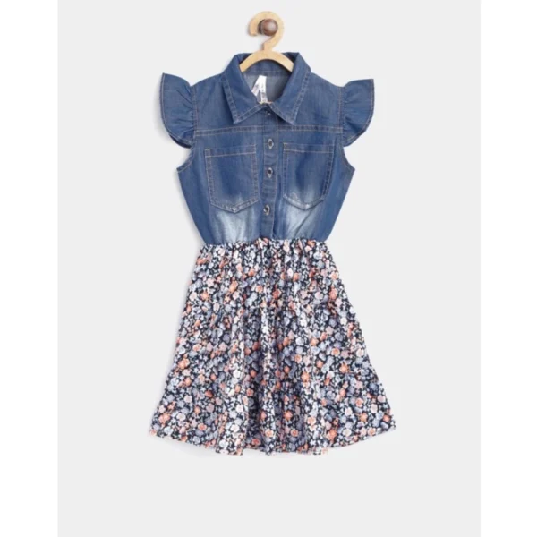 Girl's Denim-Cotton Striped Flutter Shirt Collar Dress (Multicolor)