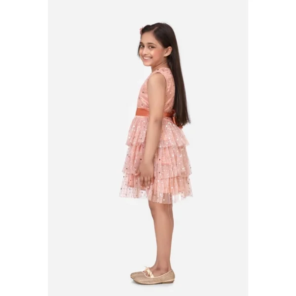 Girl's Net Embellished Sleeveless Round Neck Dress (Beige) - Image 3