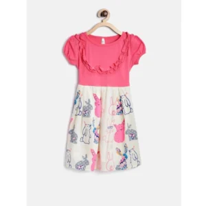 Girl's Cotton Printed Short Sleeve Round Neck Dress (Pink-White)
