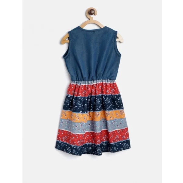 Girl's Denim-Cotton Floral Printed Sleeveless Round Neck Dress (Multicolor) - Image 4