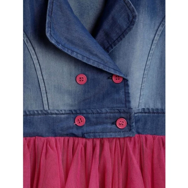 Girl's Polyester Crepe-Net Solid Shoulder Straps Shirt collar Dress (Blue-Pink) - Image 3