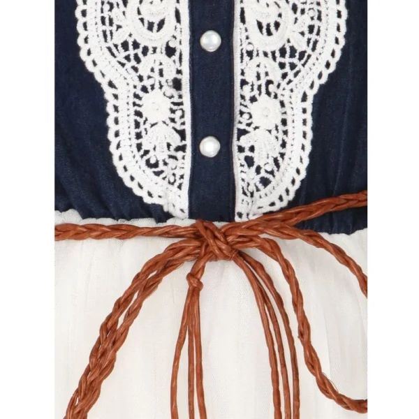 Girl's Denim Embroidery Short Sleeve Round Neck Dress (White) - Image 3