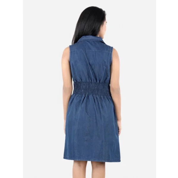 Girl's Denim Solid Sleeveless Shirt collar Dress (Blue) - Image 4