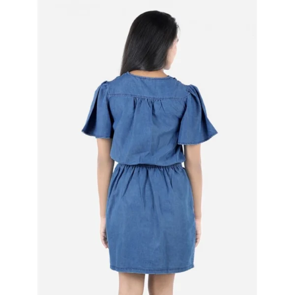 Girl's Denim Solid Short Sleeve V-Neck Dress (Blue) - Image 4