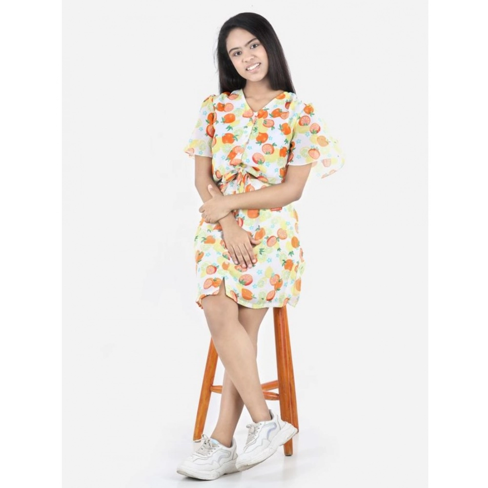 Girl's Polyester Printed Short Sleeve V-Neck Dress (Yellow-Orange) - Image 3