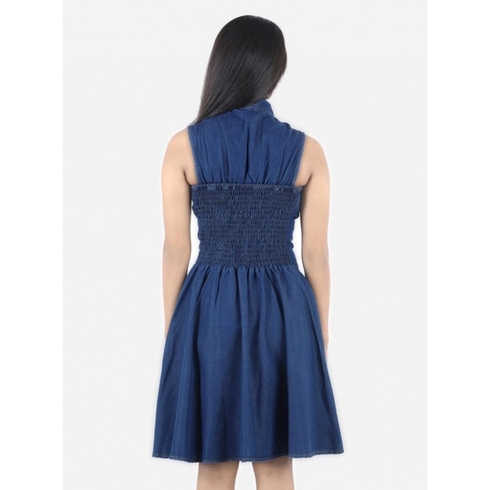 Girl's Denim Solid Sleeveless Shirt collar Dress (Blue) - Image 4
