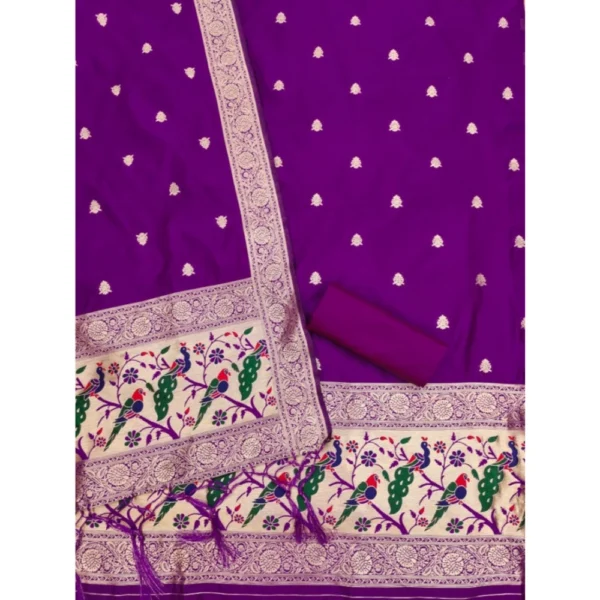 Women's Banarasi Silk Printed Unstitched Salwar Suit Material With Dupatta (Purple, 3Mtrs) - Image 3