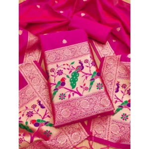 Women's Banarasi Silk Printed Unstitched Salwar Suit Material With Dupatta (Pink, 3Mtrs)