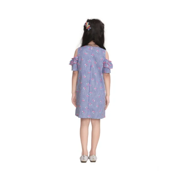 Girl's Cotton Striped Cold Shoulder Round Neck Dress (Blue) - Image 3