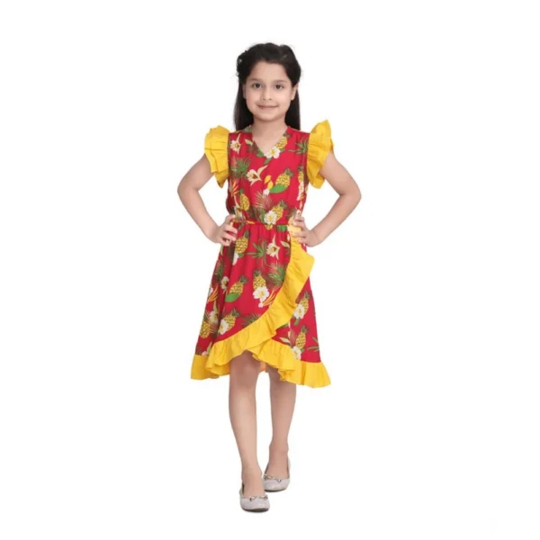 Girl's Cotton Printed Cold Shoulder V-Neck Dress (Pink)