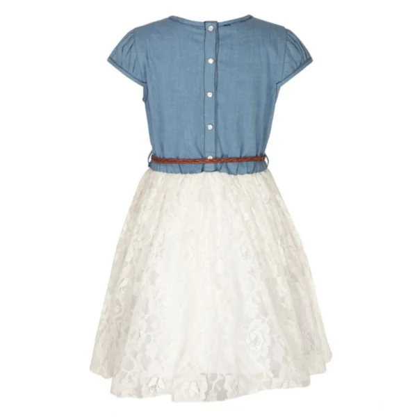 Girl's Denim Embroidery Short Sleeve Round Neck Dress (White) - Image 4