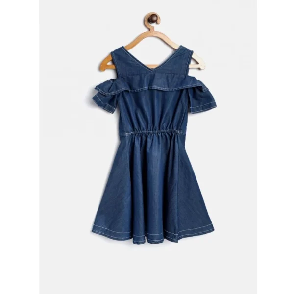 Girl's Denim Floral Printed Bell Sleeve Halter Neck Dress (Blue) - Image 4