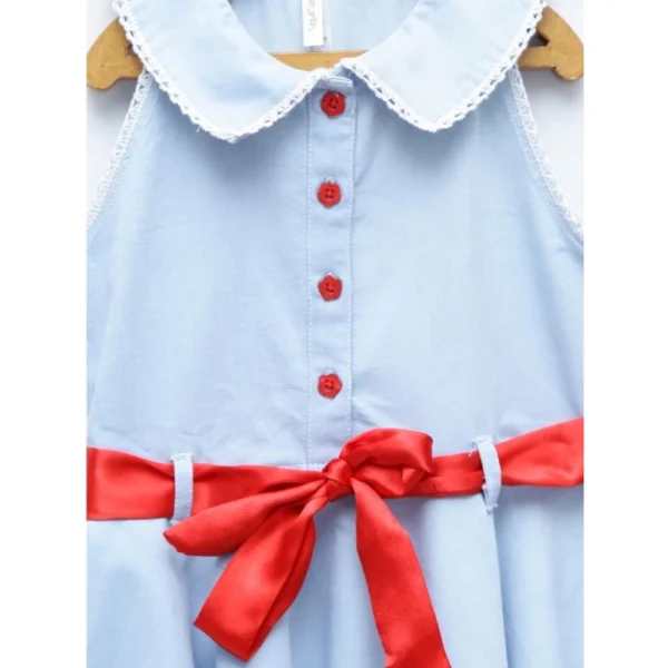 Girl's Denim Lace Solid Sleeveless Shirt collar Dress (Light Blue) - Image 3