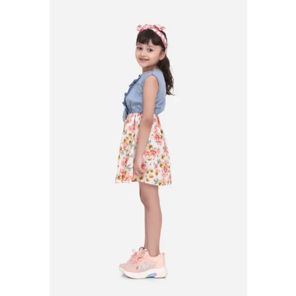 Girl's Denim-Cotton Floral Printed Sleeveless Round Neck Dress (Multicolor) - Image 3