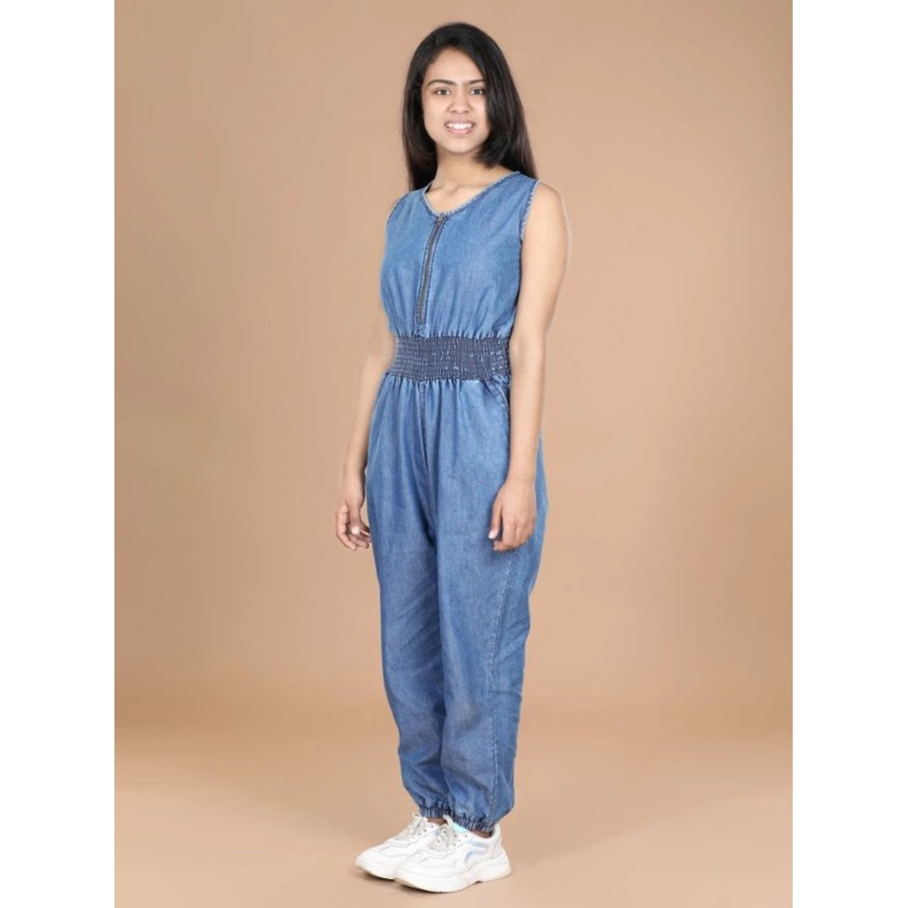 Girl's Denim Solid Shoulder Straps V-Neck Dress (Blue) - Image 3