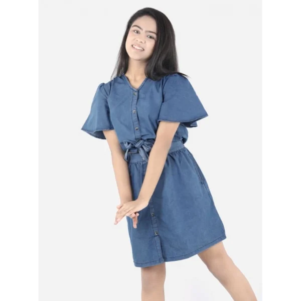 Girl's Denim Solid Short Sleeve V-Neck Dress (Blue) - Image 3