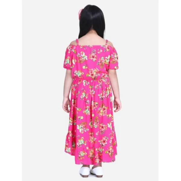 Girl's Rayon Solid Short Sleeve Shoulder Straps Dress (Pink) - Image 3