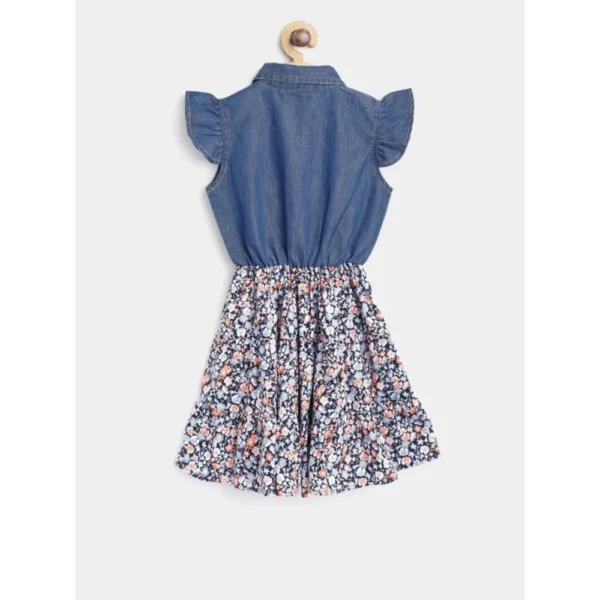 Girl's Denim-Cotton Striped Flutter Shirt Collar Dress (Multicolor) - Image 4
