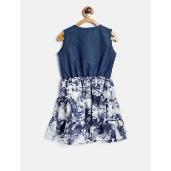 Girl's Denim-Polyester Crepe Solid Sleeveless Round Neck Dress (Blue-White) - Image 4