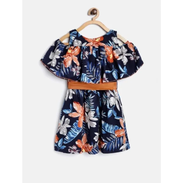 Girl's Polyester Crepe Floral Printed Bell Sleeve Cold Shoulder Neck Dress (Multicolor) - Image 4