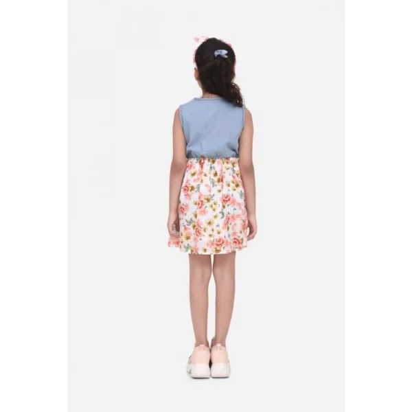Girl's Denim-Cotton Floral Printed Sleeveless Round Neck Dress (Multicolor) - Image 4