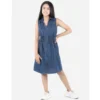 Girl's Denim Solid Sleeveless Shirt collar Dress (Blue)