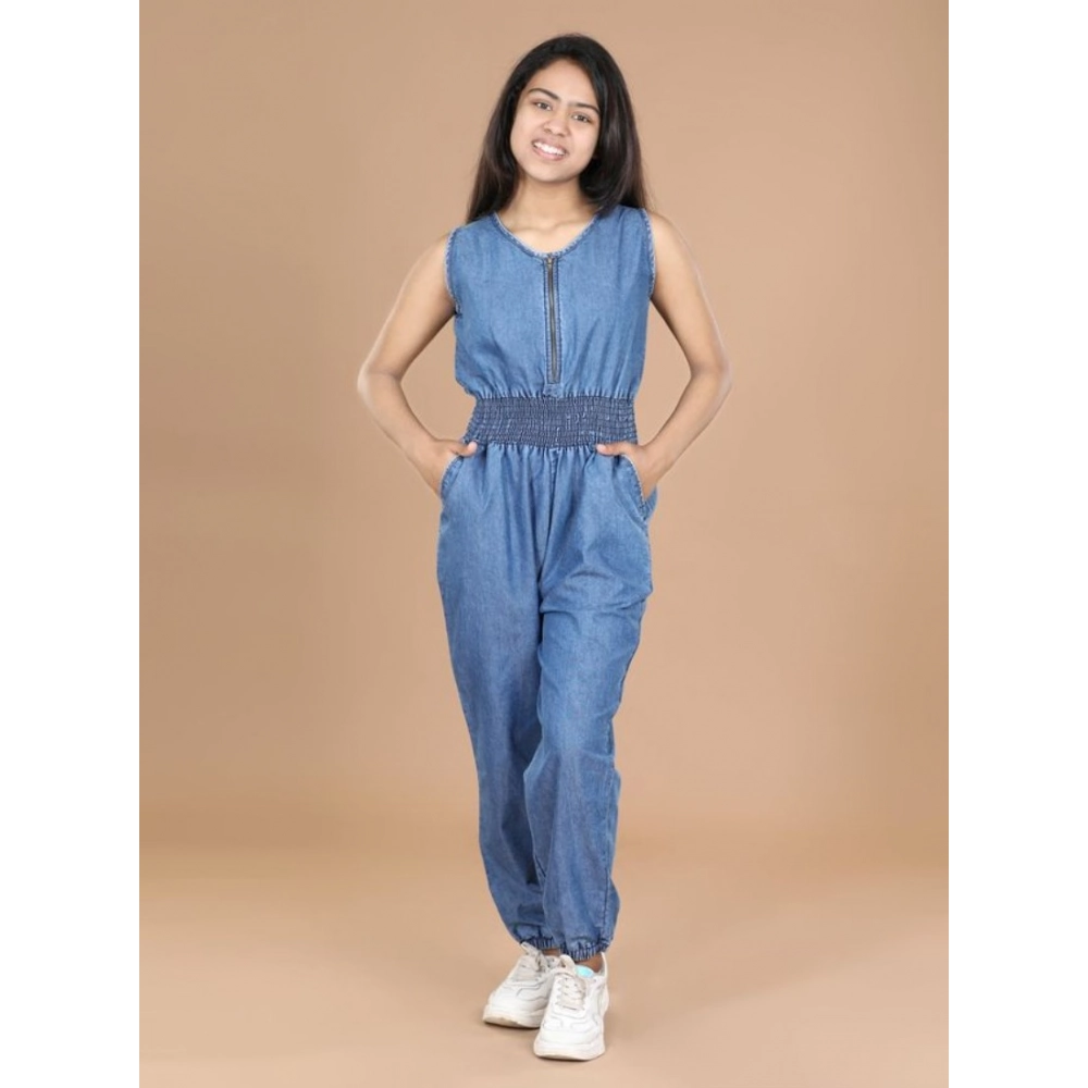 Girl's Denim Solid Shoulder Straps V-Neck Dress (Blue)