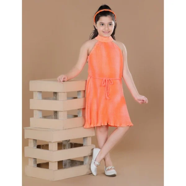 Girl's Polyester Crepe Printed Sleeveless Round Neck Dress (Orange) - Image 3