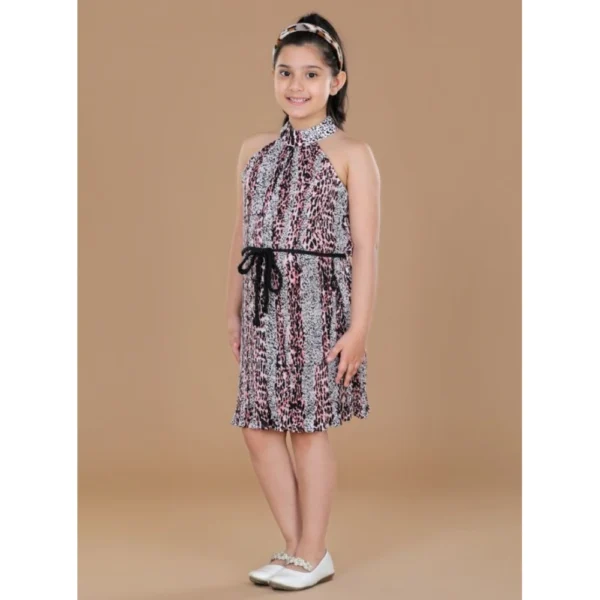 Girl's Polyester Crepe Printed Sleeveless Round Neck Dress (Black-Pink) - Image 3