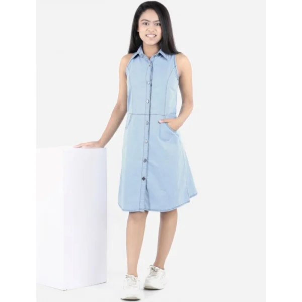 Girl's Denim Solid Sleeveless Shirt collar Dress (Blue) - Image 3