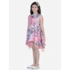 Girl's Polyester Crepe  Net Printed Sleeveless Round Neck Dress (Pink-Blue)