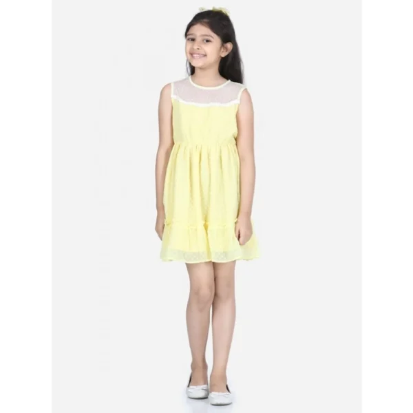 Girl's Polyester Dobby Floral Printed Sleeveless Round Neck Dress (Yellow) - Image 3
