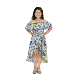 Girl's Polyester Moss Printed Off Shoulder Straps Dress (Blue)