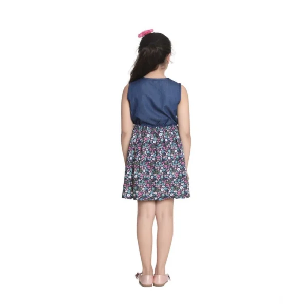 Girl's Denim-Rayon Floral Printed Sleeveless Round Neck Dress (Navy Blue) - Image 3