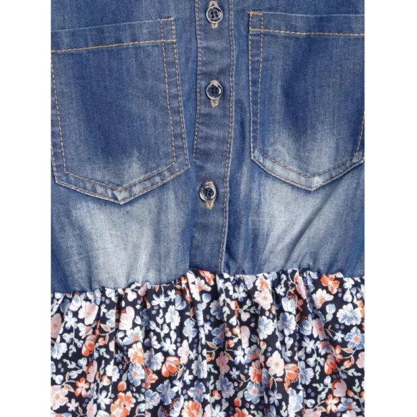 Girl's Denim-Cotton Striped Flutter Shirt Collar Dress (Multicolor) - Image 2