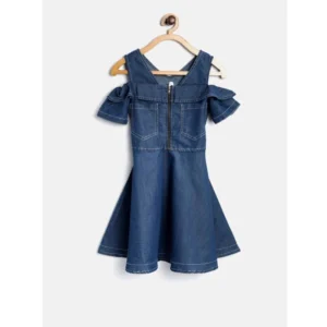 Girl's Denim Floral Printed Bell Sleeve Halter Neck Dress (Blue)